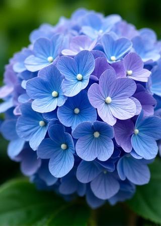 A lush bunch of blue and purple hydrangeas.