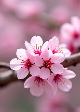 Delicate pink cherry blossoms on a branch.