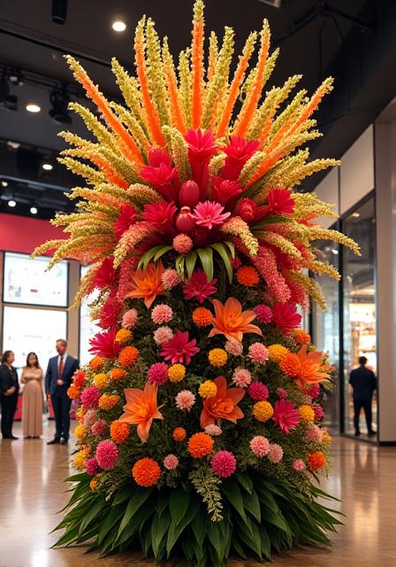 A large, celebratory flower stand for a new store opening.